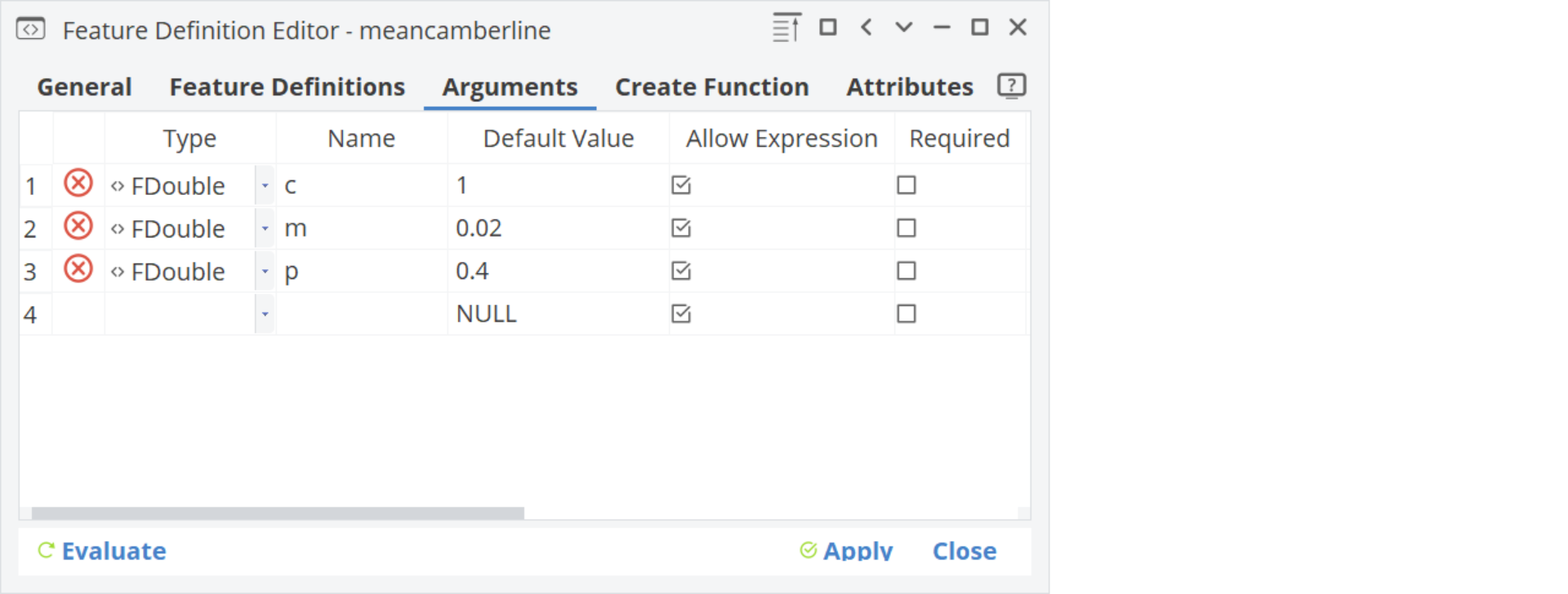 Arguments for Feature Definition !arguments