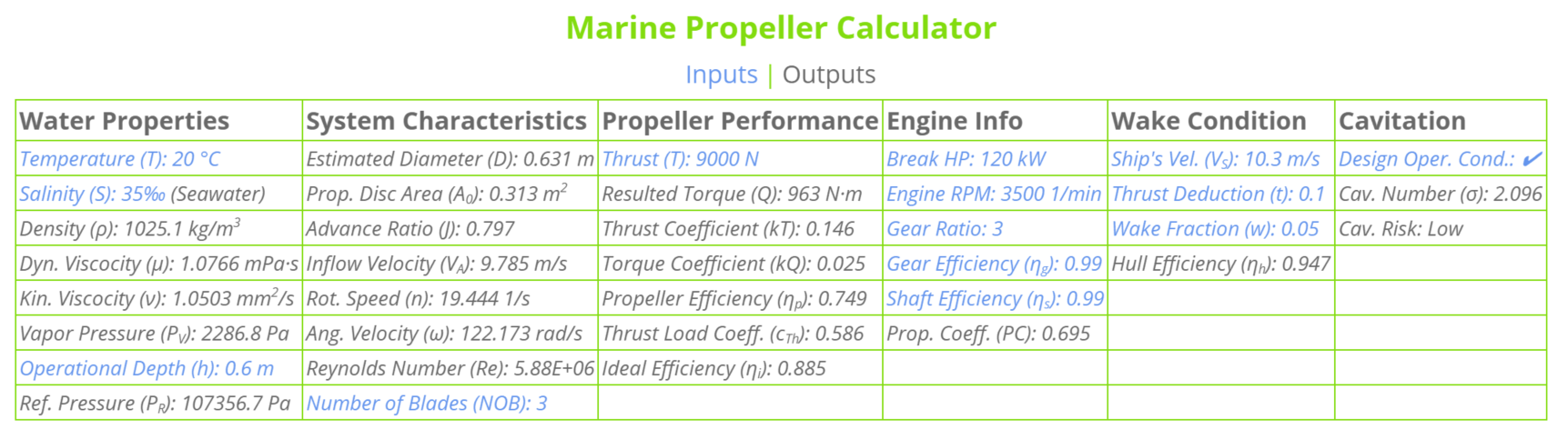 Propeller Property Calculator
