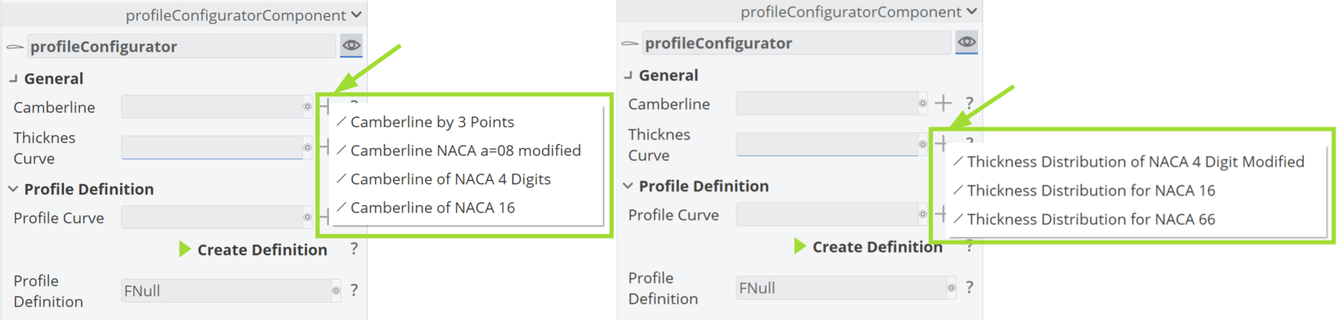 Camberline and Thickness Options