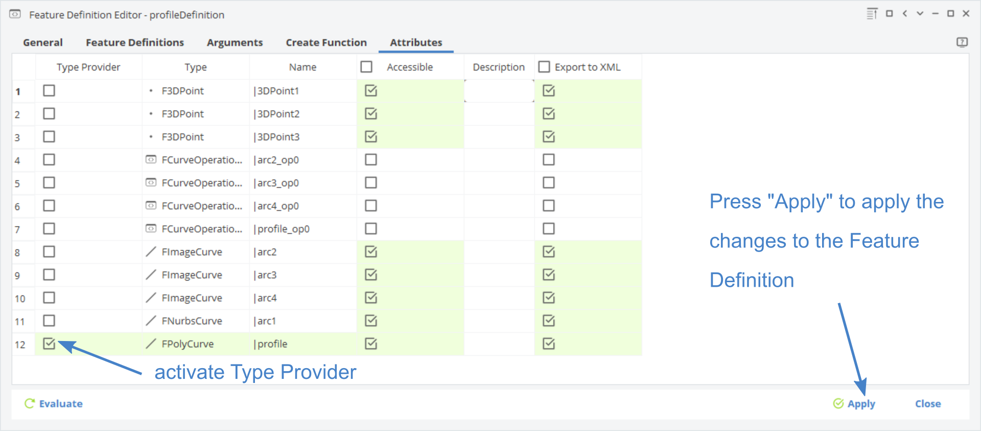 !Feature Definition Attributes