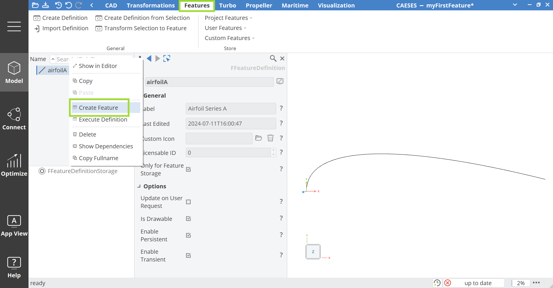 Right-click and choose Create Feature to create the Feature Instance in the CAD Tree Feature Definition Create Feature in Tree