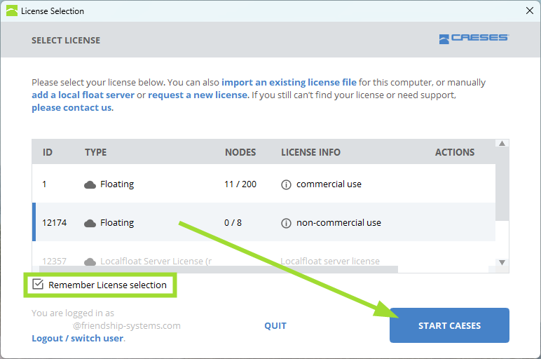 license selection list