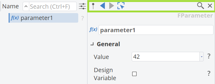 Top toolbar to navigate and pin properties Object Editor Toolbar