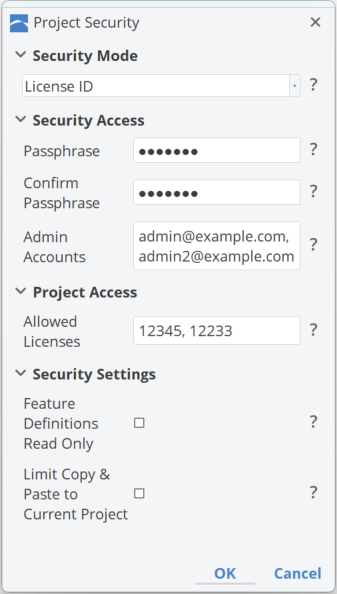 Project Access only correct license ID number !Passphrase Security Mode